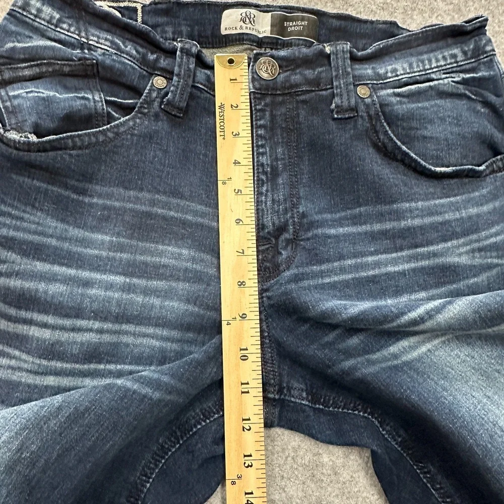 Rock and Republic Jeans Mens 36 Straight Dark‎ Blue Distressed Embroidery EUC